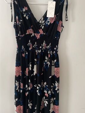 Black Floral Midi Dress with Pink & Blue Accents